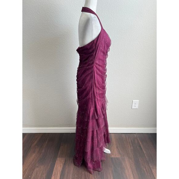 New Ignite Evenings Formal Dress Women's 16 Purple Glitter Maxi Halter Ruched - Picture 4 of 11
